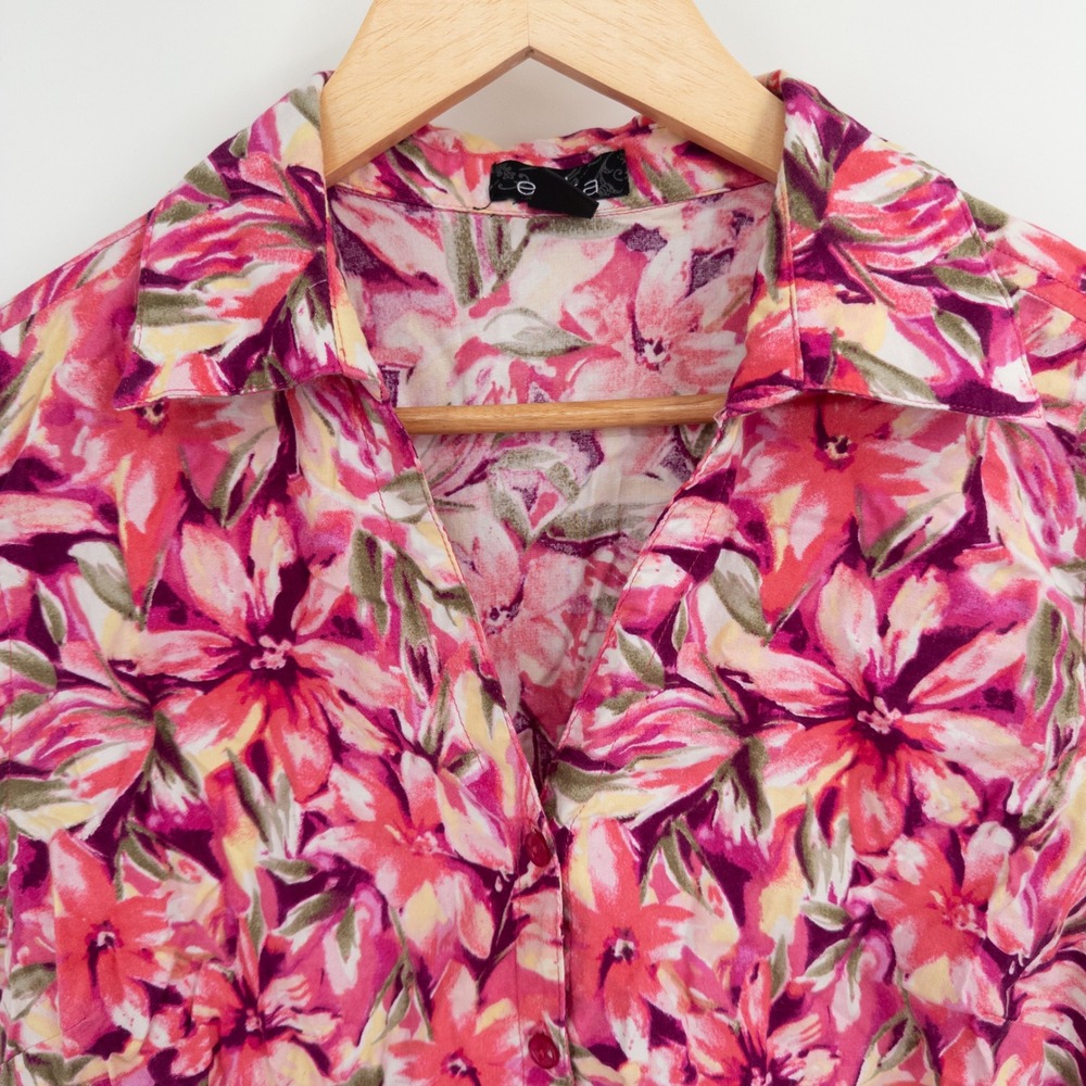 Vintage Y2K Erika Floral Button Down Shirt Womens L Pink 90s Cropped Tropical - Picture 2 of 8